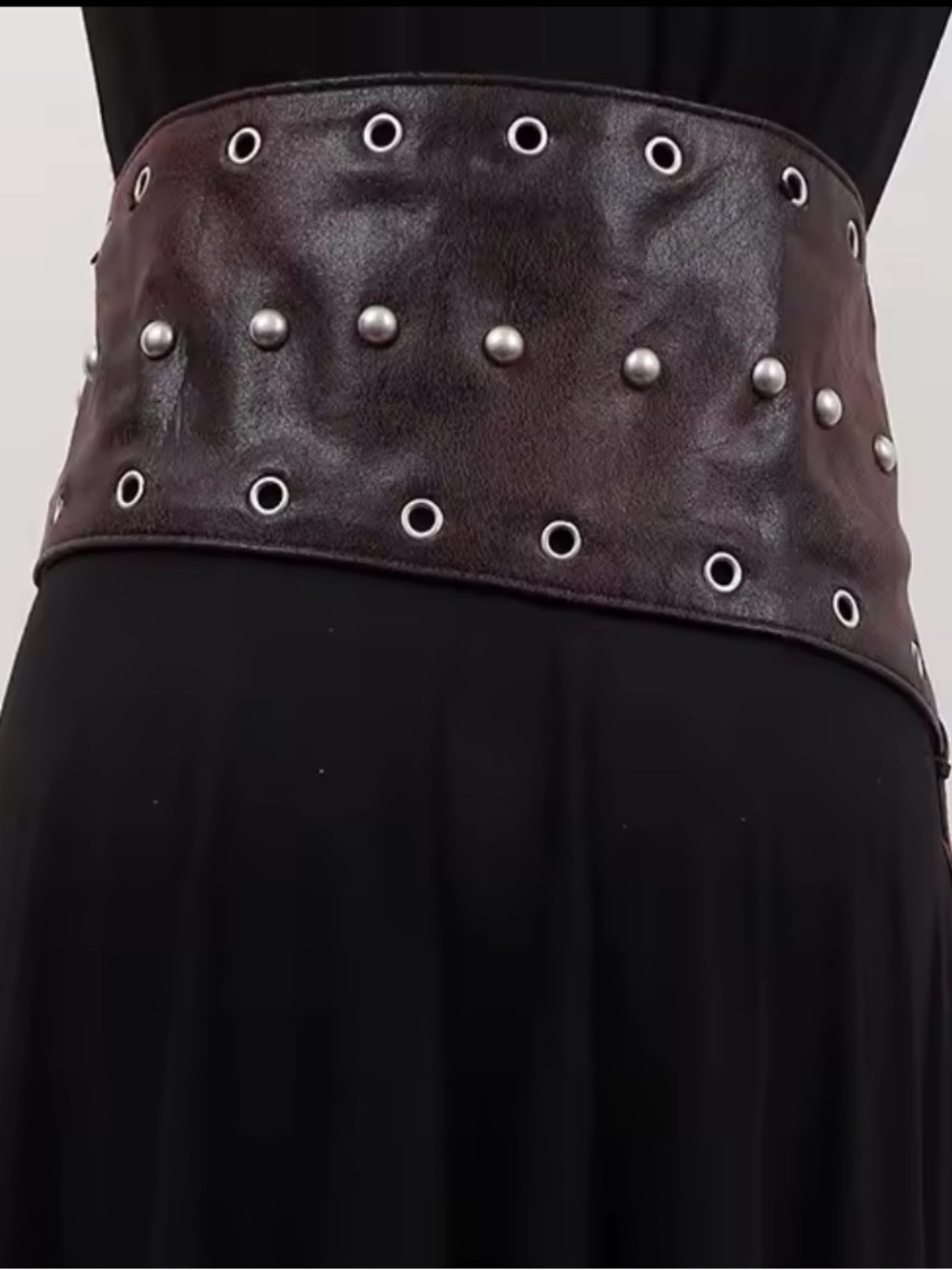 Dark Brown Faux Leather Grommet Statement Waist Belt Silver Ring Buckle Y2K - Picture 5 of 7